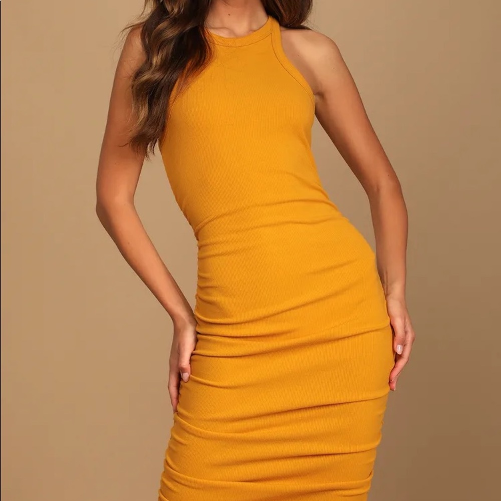 Lulus Fantasic Form yellow ruched midi dress